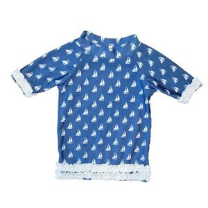 Ruffle Butts Nautical Blue White Sailboat Rashguard Swimsuit Bathing Top 18-24M